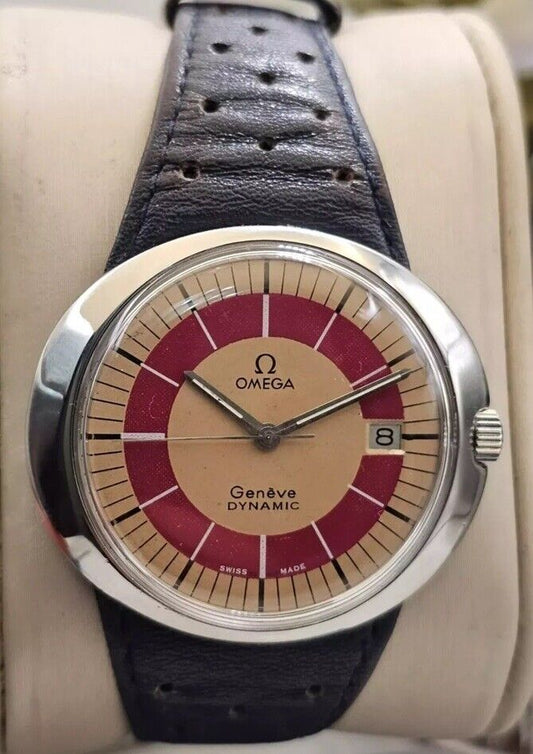 1969s Omega Geneve Dynamic Date 41mm Sunburst Orange Unique Dial Vintage Mens