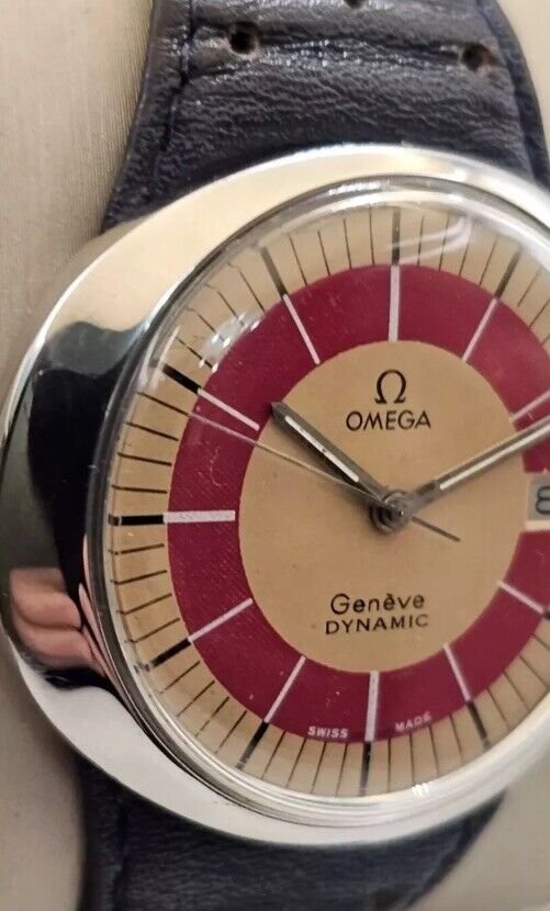 1969s Omega Geneve Dynamic Date 41mm Sunburst Orange Unique Dial Vintage Mens