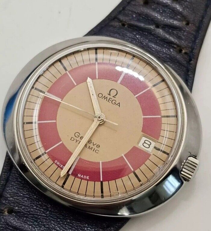 1969s Omega Geneve Dynamic Date 41mm Sunburst Orange Unique Dial Vintage Mens