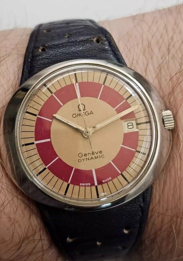 1969s Omega Geneve Dynamic Date 41mm Sunburst Orange Unique Dial Vintage Mens