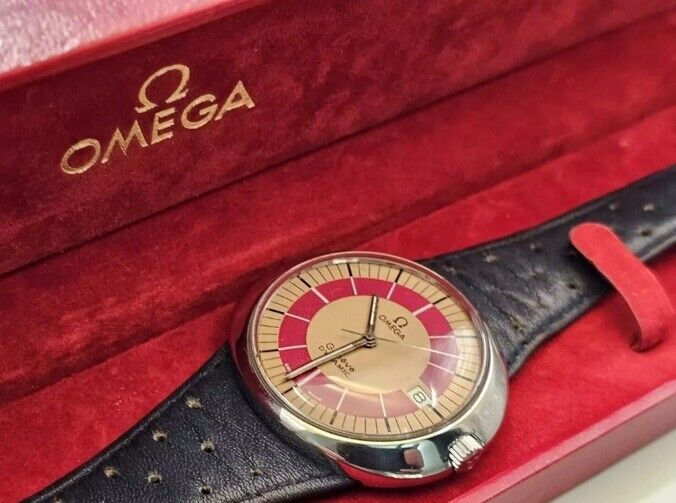 1969s Omega Geneve Dynamic Date 41mm Sunburst Orange Unique Dial Vintage Mens